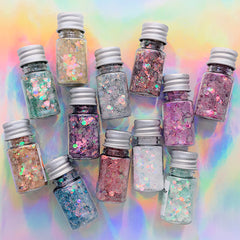 Iridescent Pastel Chunky Confetti Glitter Assortment (Set of 12) | Sparkle Hexagon Glitter and Glitter Powder Mix | Bling Bling Nail Designs