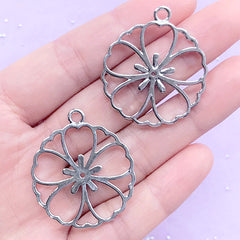 Round Cherry Blossom Open Bezel | Plum Blossom Charm | Sakura Deco Frame for UV Resin Filling (2 pcs / Silver / 30mm x 35mm)