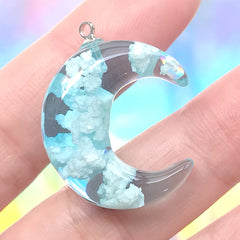 Blue Sky and White Cloud Charm in Moon Shape | Resin Terrarium Pendant | Whimsical Jewelry DIY (1 piece / 22mm x 29mm)