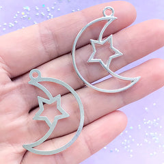 Crescent Moon and Star Open Bezel Pendant | Kawaii Deco Frame for UV Resin Filling | Mahou Kei Jewelry DIY (2 pcs / Silver / 25mm x 36mm)