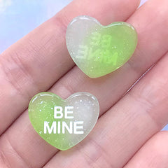 Be Mine Sweetheart Cabochon | Glittery Conversation Heart Decoden Piece | Fake Candy Embellishments (3 pcs / Green White / 19mm x 16mm)