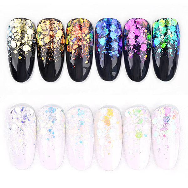 Iridescent Chunky Hexagon Flakes and Fine Glitter Mix | Aurora Borealis Embellishments for Resin Art | Kawaii Craft Supplies (Set of 6)