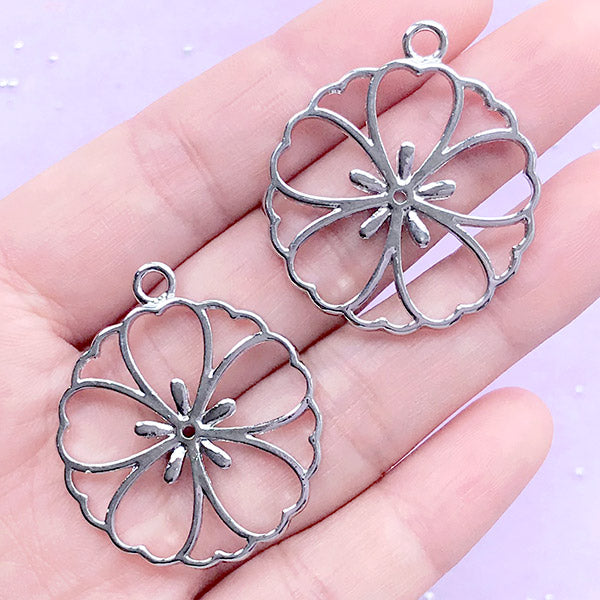 Round Cherry Blossom Open Bezel | Plum Blossom Charm | Sakura Deco Frame for UV Resin Filling (2 pcs / Silver / 30mm x 35mm)