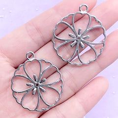 Round Cherry Blossom Open Bezel | Plum Blossom Charm | Sakura Deco Frame for UV Resin Filling (2 pcs / Silver / 30mm x 35mm)