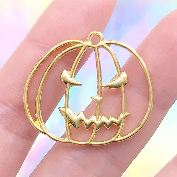 Halloween Pumpkin Open Backed Bezel Charm | Halloween Ornament DIY | Resin Craft Supplies (1 piece / Gold / 30mm x 27mm)