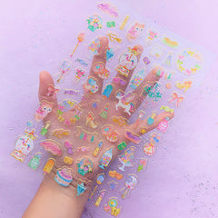 Kawaii Pastel Magical Girl Sticker | Unicorn Kitty Magic Wand Candy Ice Cream Dessert Sticker | Clear PVC Stickers
