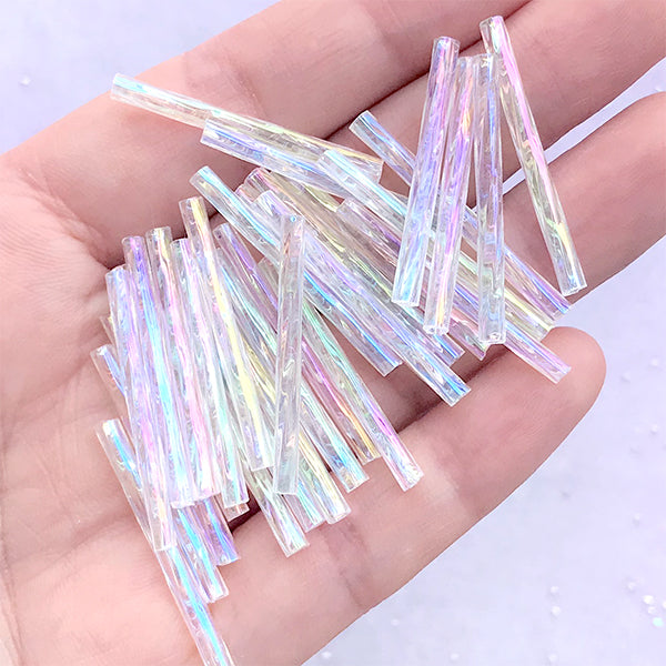Iridescent Twisted Bugle Beads in AB Clear Color Long Tube Glass