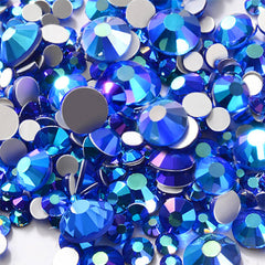 Royal Blue Glass Rhinestones in Various Sizes | Assorted Round Faceted Crystal | Sparkle Embellishments (AB Dark Blue / SS4 to SS20 / Around 300 pcs)