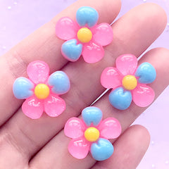 Cute Flower Resin Cabochons | Hair Bow Center | Floral Embellishments | Kawaii Decoden Supplies (4 pcs / Pink & Blue / 20mm)