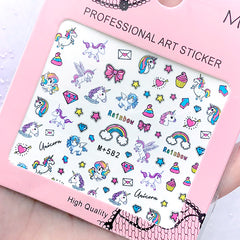 Unicorn and Rainbow Decal Sheet | Kawaii Water Transfer Stickers | Cute Embellishment for Resin Craft | Nail Art Supplies