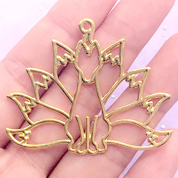 Fantasy Nine Tailed Fox Open Bezel Pendant | Nine Tails Fox Deco Frame for UV Resin Filling (1 piece / Gold / 50mm x 41mm)
