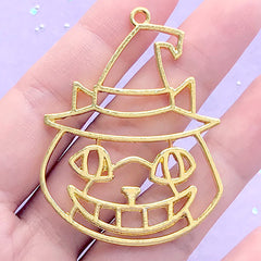 Halloween Evil Cat with Hat Open Bezel Charm | Kitty Demon Deco Frame for UV Resin Filling | Resin Jewelry DIY (1 piece / Gold / 39mm x 51mm)