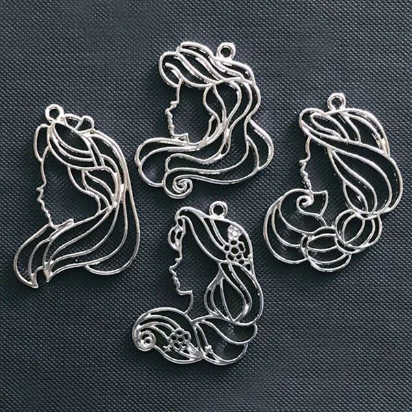 Princess Head Open Bezel for UV Resin | Princess Silhouette Charm | Princess Cameo Pendant | Fairytale Jewelry (4 pcs / Silver)