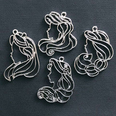 Princess Head Open Bezel for UV Resin | Princess Silhouette Charm | Princess Cameo Pendant | Fairytale Jewelry (4 pcs / Silver)