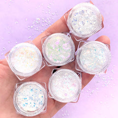 Iridescent Chunky Hexagon Flakes and Fine Glitter Mix | Aurora Borealis Embellishments for Resin Art | Kawaii Craft Supplies (Set of 6)