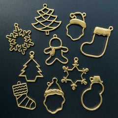 Assorted Christmas Open Bezel for UV Resin Filling | Christmas Ornament Assortment (10 pcs / Gold)