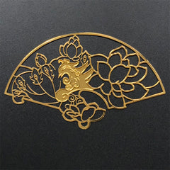 Lotus Hand Fan Metal Bookmark Charm | Flower Deco Frame for UV Resin Filling | Oriental Open Bezel (1 piece / 69mm x 41mm)