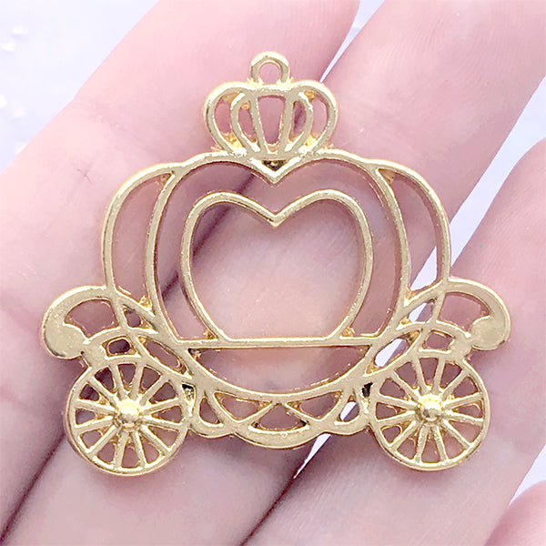 Cinderella Pumpkin Carriage Open Bezel Charm | Kawaii Fairy Tale Deco Frame | Princess Jewelry Making (1 piece / Gold / 36mm x 32mm)