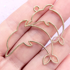 Double Dolphin Open Bezel Charm | Marine Life Pendant | Fish Deco Frame | UV Resin Jewellery Making (1 piece / Gold / 38mm x 43mm)