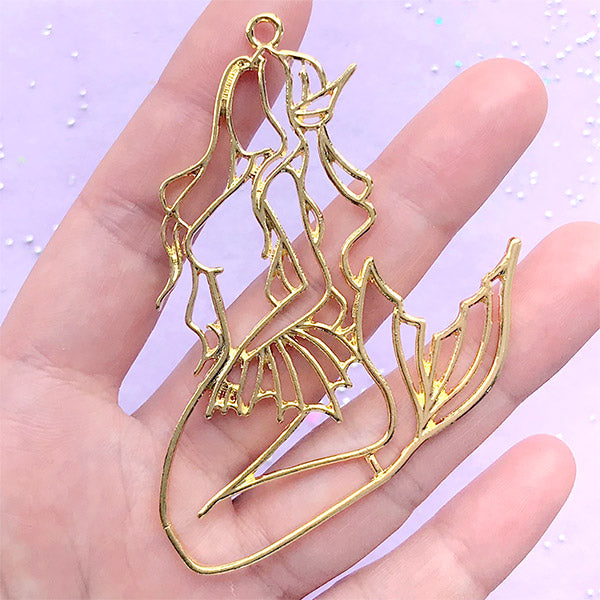 Large Mermaid Open Bezel | Mergirl Charm | Merpeople Deco Frame for UV Resin Filling | Resin Jewelry DIY (1 piece / Yellow Gold / 45mm x 47mm)