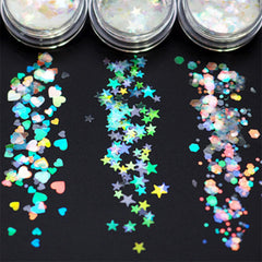 Iridescent Clear Star Heart and Hexagon Glitter Mix | Holographic Rainbow Confetti | Aurora Borealis Flakes (Set of 3)
