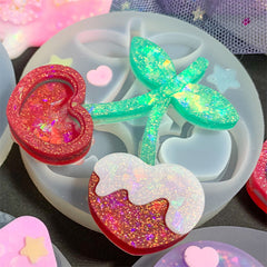 Heart Cherry Shaker Silicone Mold | Kawaii Fruit Mould | Decoden Cabochon Making | Cute Resin Art Supplies
