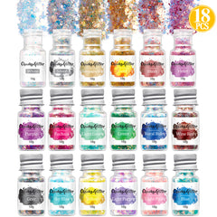 Pastel Chunky Hexagon Glitter Assortment (Set of 18) | Iridescent Confetti Glitter Mix | Resin Craft Supplies | Nail Art Decoration