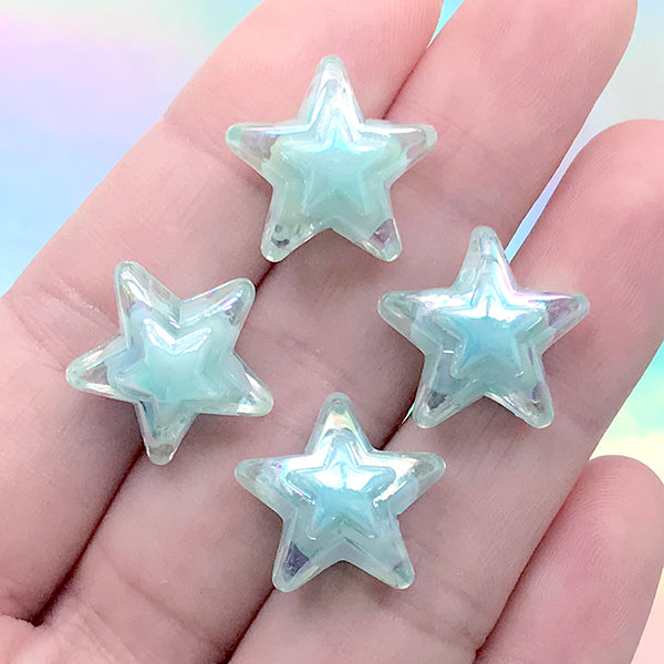 Acrylic Star Beads | Iridescent Chunky Bead for Bracelet DIY | Kawaii Craft Supplies (AB Blue / 4 pcs / 17mm x 16mm)