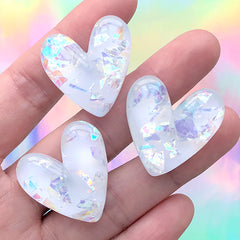 Glittery Heart Cabochon with Iridescent Flakes | Kawaii Decoden Piece with Glitter | Phone Case Decoration (3 pcs / White / 27mm x 27mm)