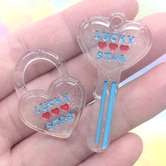 Kawaii Key and Key Lock Resin Charm | Decoden Phone Case DIY | Kitsch Jewelry Making (2 pcs / Blue)