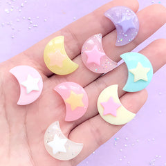 Pastel and Glitter Moon Cabochons | Star Moon Embellishments | Decoden Supplies | Kawaii Jewelry Making (8 pcs / 16mm x 21mm)