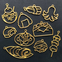 Assorted Japanese Food Open Bezel Charm for UV Resin Filling | Tako Takoyaki Rice Ball Sushi Lunch Box Dessert Sweet Deco Frame (10 pcs / Gold)