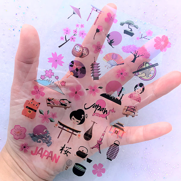 Japan Culture Clear Film Sheet | Mt Fuji Japanese Tea Sushi Geisha Geta Sakura Torri Gate Hand Fan Ramen Embellishments