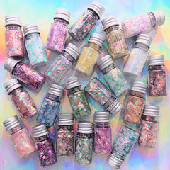 Assorted Chunky Glitter in Iridescent Pastel Colors (Set of 24) | Hexagon Confetti and Glitter Powder Mix | Kawaii Resin Art Supplies