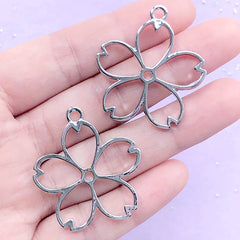 Cherry Blossom Open Back Bezel | Flower Pendant | Sakura Deco Frame | Kawaii UV Resin Jewellery Making (2 pcs / Silver / 32mm x 35mm)