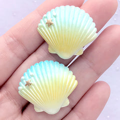 CLEARANCE Decoden Seashell Cabochon with Rainbow Gradient Color | Beach Decor | Kawaii Embellishments (2 pcs / Blue & Yellow / 27mm x 26mm)