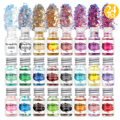 Assorted Chunky Glitter in Iridescent Pastel Colors (Set of 24) | Hexagon Confetti and Glitter Powder Mix | Kawaii Resin Art Supplies