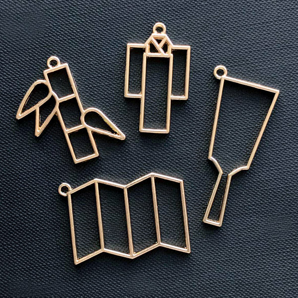 CLEARANCE Japanese Culture Open Bezel for UV Resin Craft | Kimono Bamboo Hagoita Wooden Paddle Folding Screen Deco Frame for Resin Filling (4 pcs / Gold)