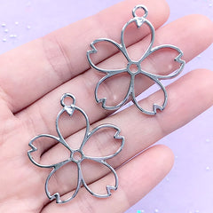 Cherry Blossom Open Back Bezel | Flower Pendant | Sakura Deco Frame | Kawaii UV Resin Jewellery Making (2 pcs / Silver / 32mm x 35mm)