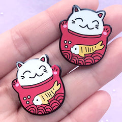 Japanese Culture Acrylic Cabochons | Beckoning Cat Embellishments | Lucky Cat Jewellery DIY (2 pcs / 24mm x 27mm)