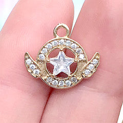Rhinestone Magic Circle with Angel Wings Charm | Bling Bling Magical Girl Pendant | Kawaii Jewelry Supplies (1 piece / Gold / 15mm x 13mm)