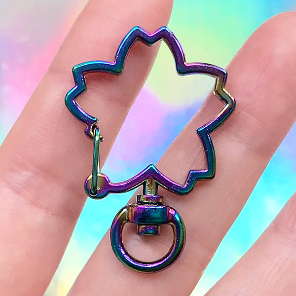 Sakura Rainbow Lobster Clip with Swivel Ring | Cherry Blossom Snap Clasp | Kawaii Keychain Making (1 piece / 28mm x 40mm)