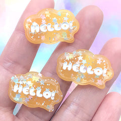 Hello Bubble Balloon Cabochon | Kawaii Resin Pieces for Decoden | Glittery Flat Back Embellishment (3 pcs / Orange / 28mm x 18mm)
