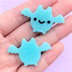 Creepy Cute Decoden Cabochons | Kawaii Bat Resin Cabochon with Glitter | Halloween Phone Case Decoden (2 pcs / Blue / 38mm x 25mm)