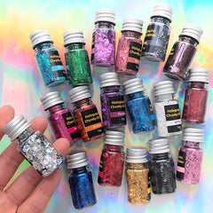 Chunky Glitter Assortment (Set of 18) | Iridescent Hexagon Confetti and Glitter Powder in Various Sizes | Resin Craft | Nail Art