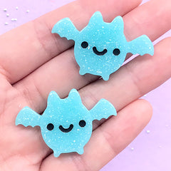 Creepy Cute Decoden Cabochons | Kawaii Bat Resin Cabochon with Glitter | Halloween Phone Case Decoden (2 pcs / Blue / 38mm x 25mm)