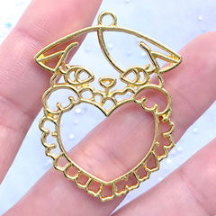 Kitty with Lace Heart Open Bezel Pendant | Cute Animal Charm | Kawaii Cat Deco Frame for UV Resin Jewelry Making (1 piece / Gold / 35mm x 44mm)