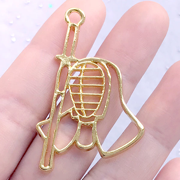 Fencing Open Back Bezel | Fencing Sword and Mask Charm | Sport Deco Frame for UV Resin Filling (1 piece / Gold / 30mm x 46mm)