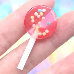 Faux Lollipop with Sprinkles Cabochon | Fake Food Decoden Embellishment | Kawaii Candy Jewelry Supplies (1 piece / Clear Red / 19mm x 39mm)