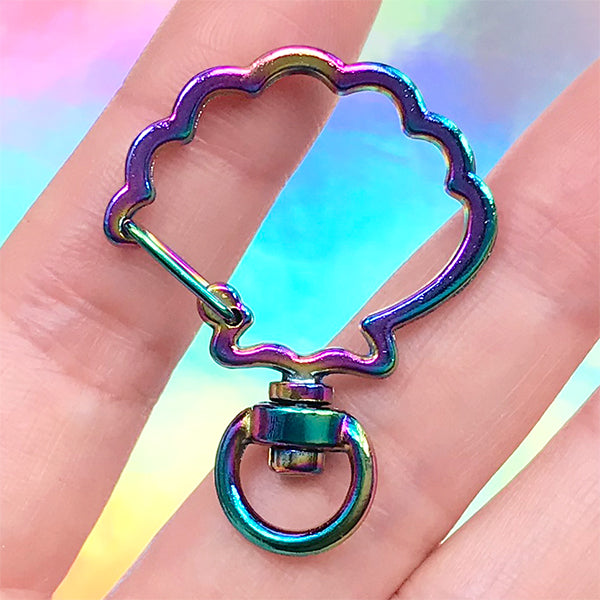 Rainbow Seashell Lobster Clasp with Swivel Ring, Snap Clip in Galaxy, MiniatureSweet, Kawaii Resin Crafts, Decoden Cabochons Supplies